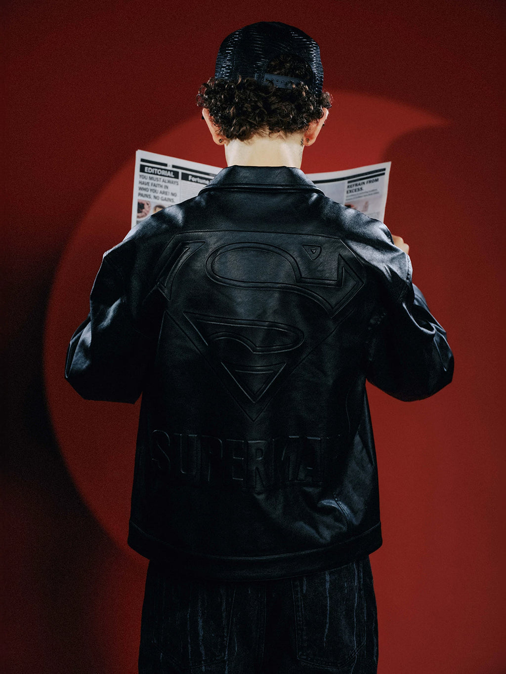 WHOOSIS Superman LOGO Embossed Leather Jacket