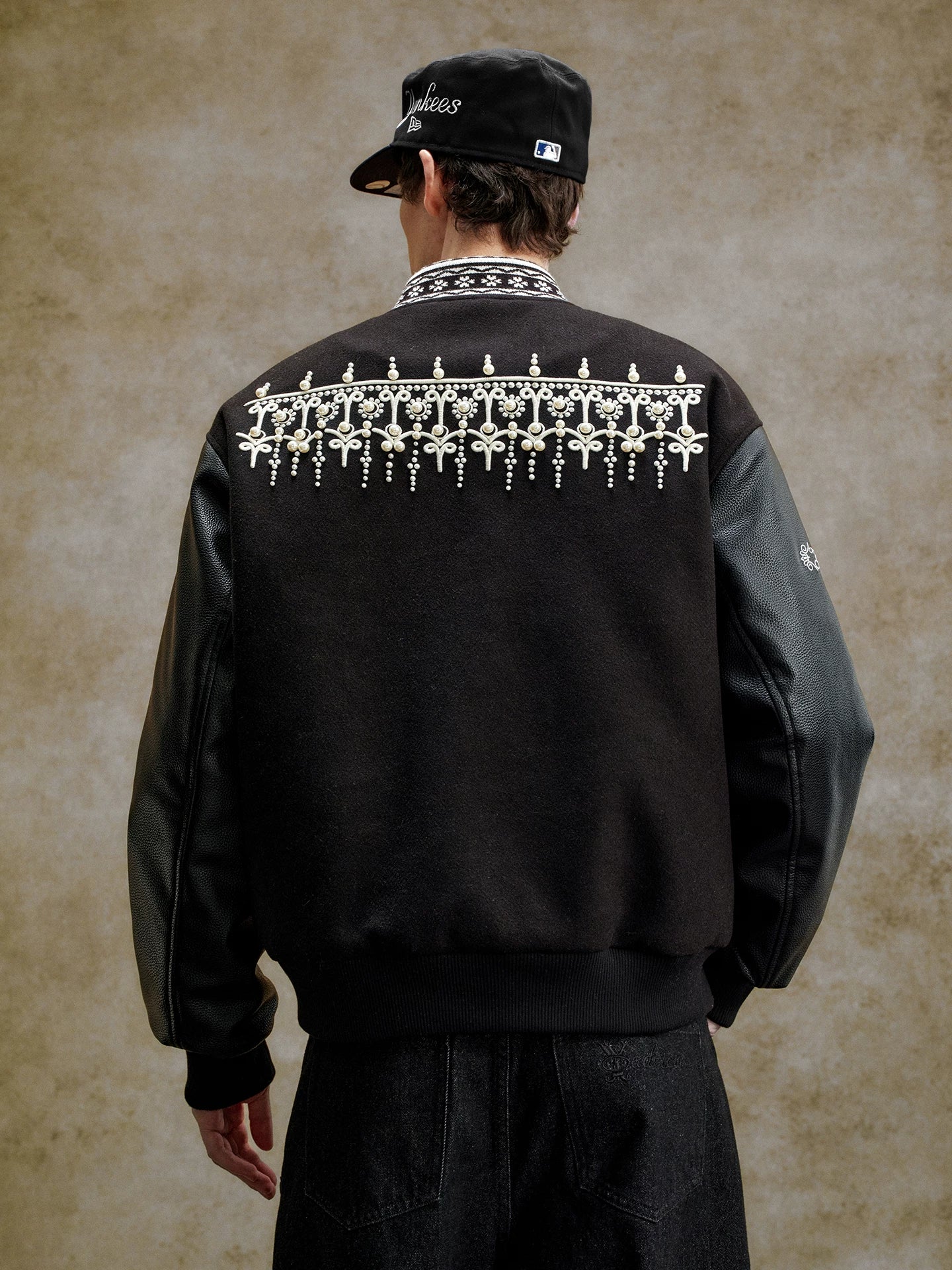 YADcrew Fair Isle Threaded Collar Nailed Pearl Baseball Jacket