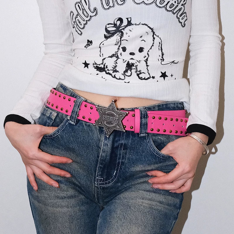 Darkblue Store Western Star Carved Rivet Punk Denim Belt