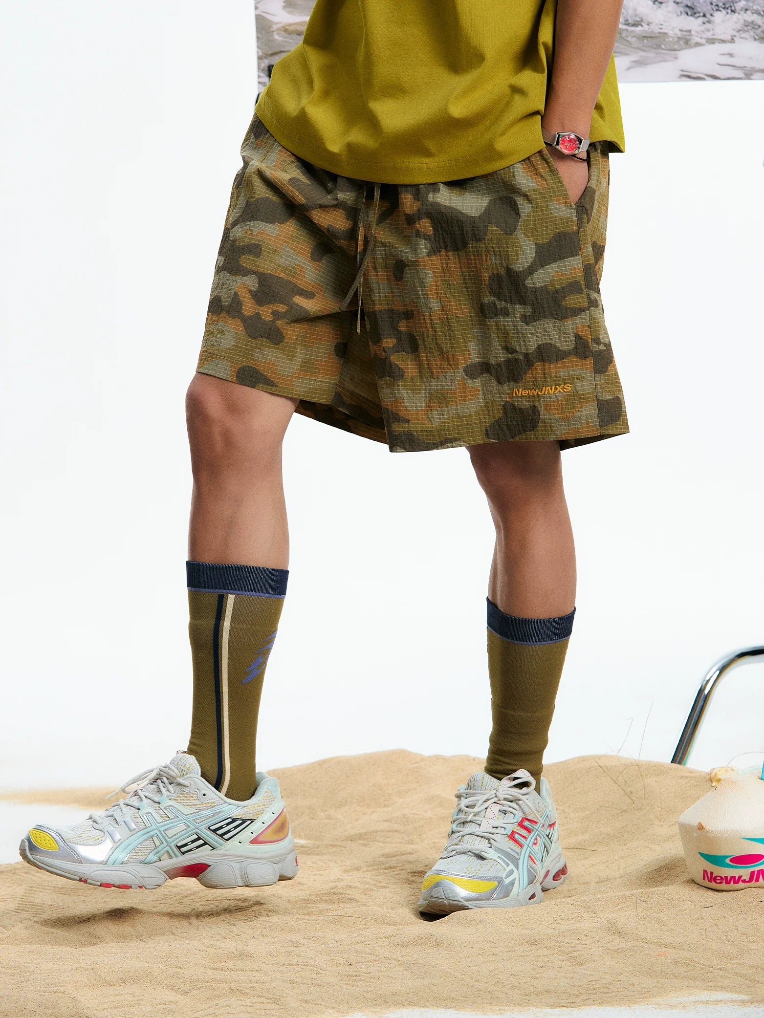 NewJNXS Lightweight Camouflage Embroidered Plaid Wide-leg Shorts