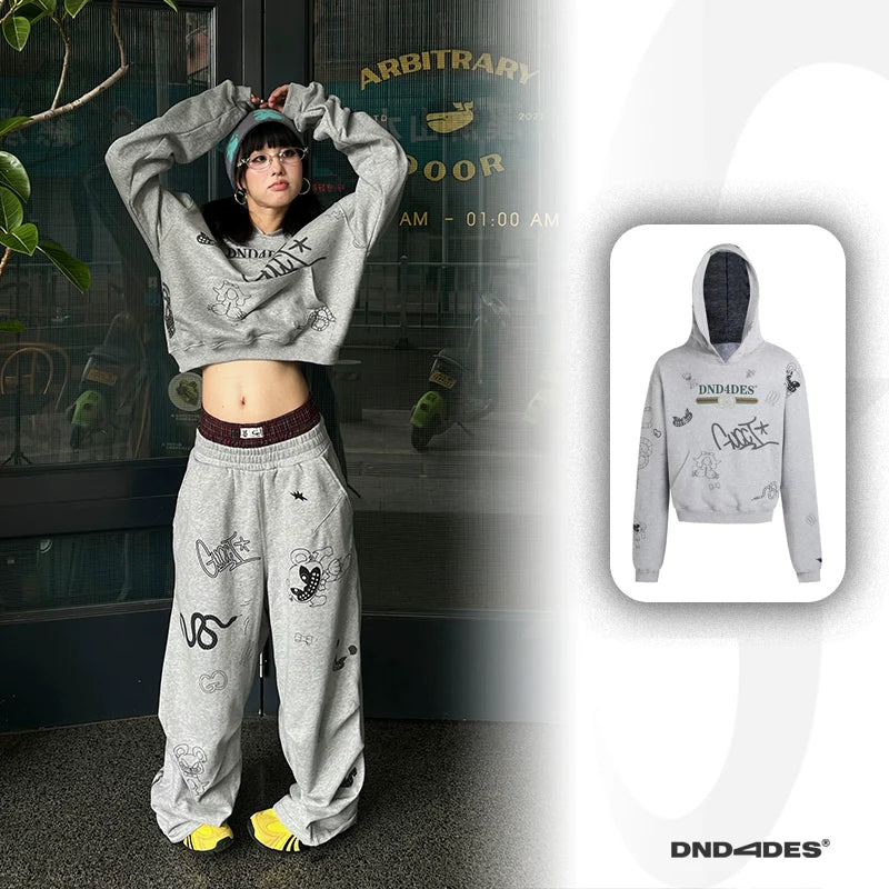 DND4DES Graffiti Print Double Waist Splicing Gray Sweatpants