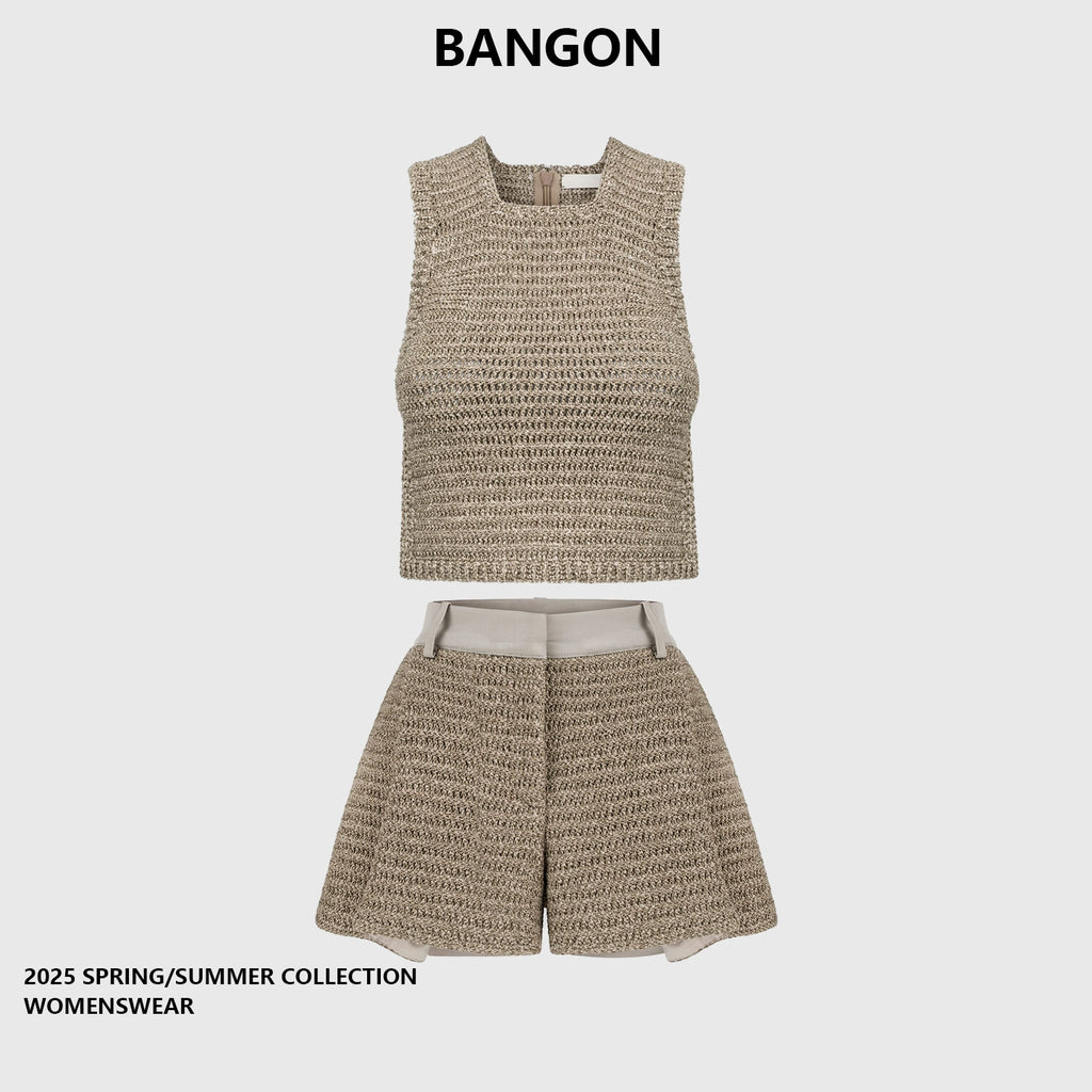 BANGON Knitted Vest High-Waist Sleeveless Two-Piece Set