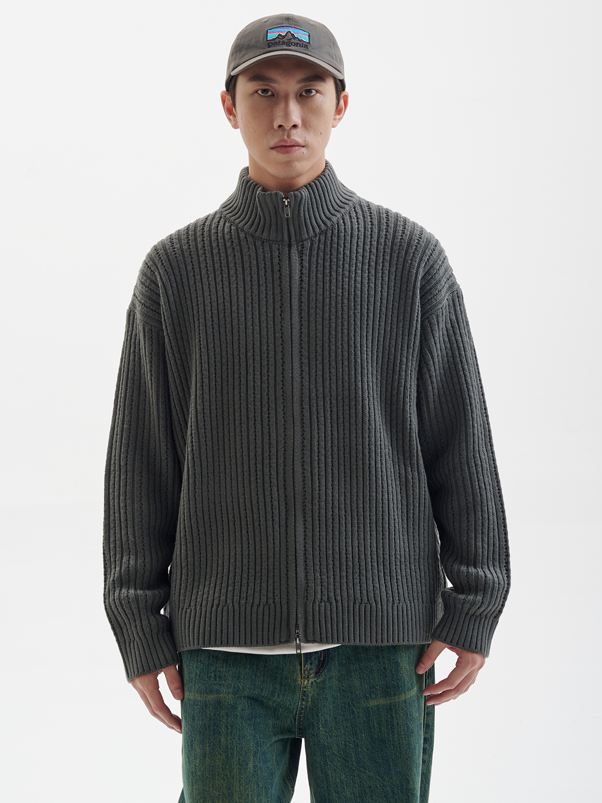 BUTTBILL 24AW hollow stand-up neck cardigan zipper sweater jacket