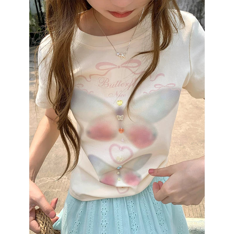CCKOK Dream Butterfly Print Slim Shoulder T Shirt