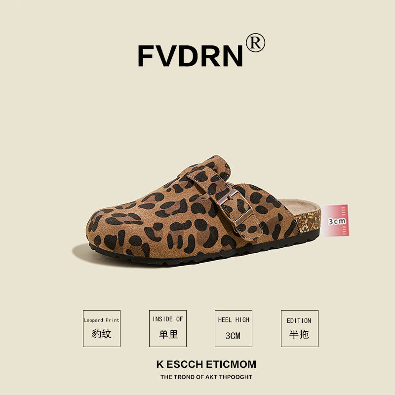 FVDRN Genuine Leather Cork Sole Clog Slippers