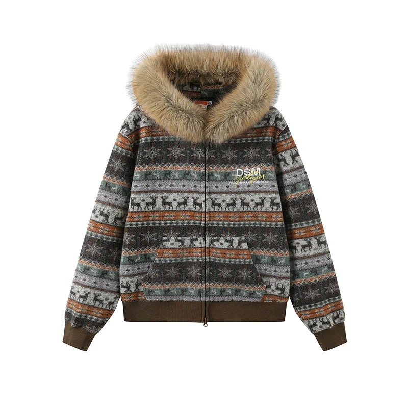 DONSMOKE Front Shoulder Fur Collar Thermal Casual Jacket