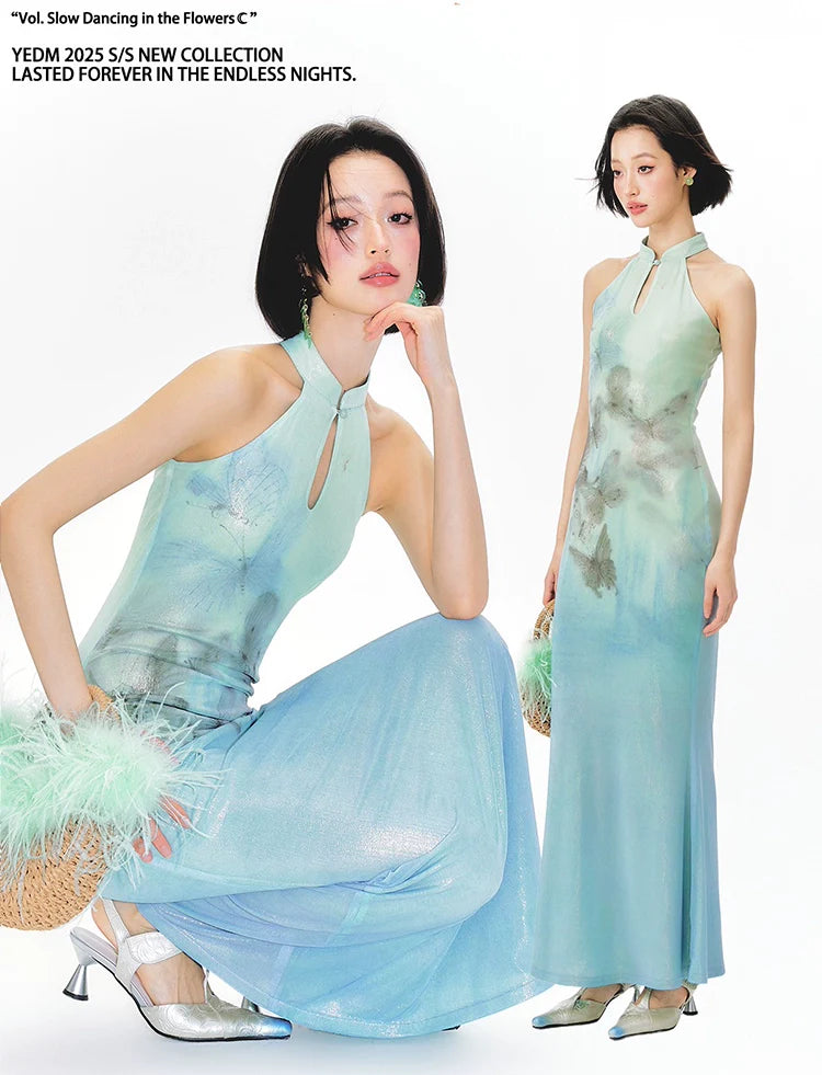 YEDM Butterfly Print Neck Fishtail Dress