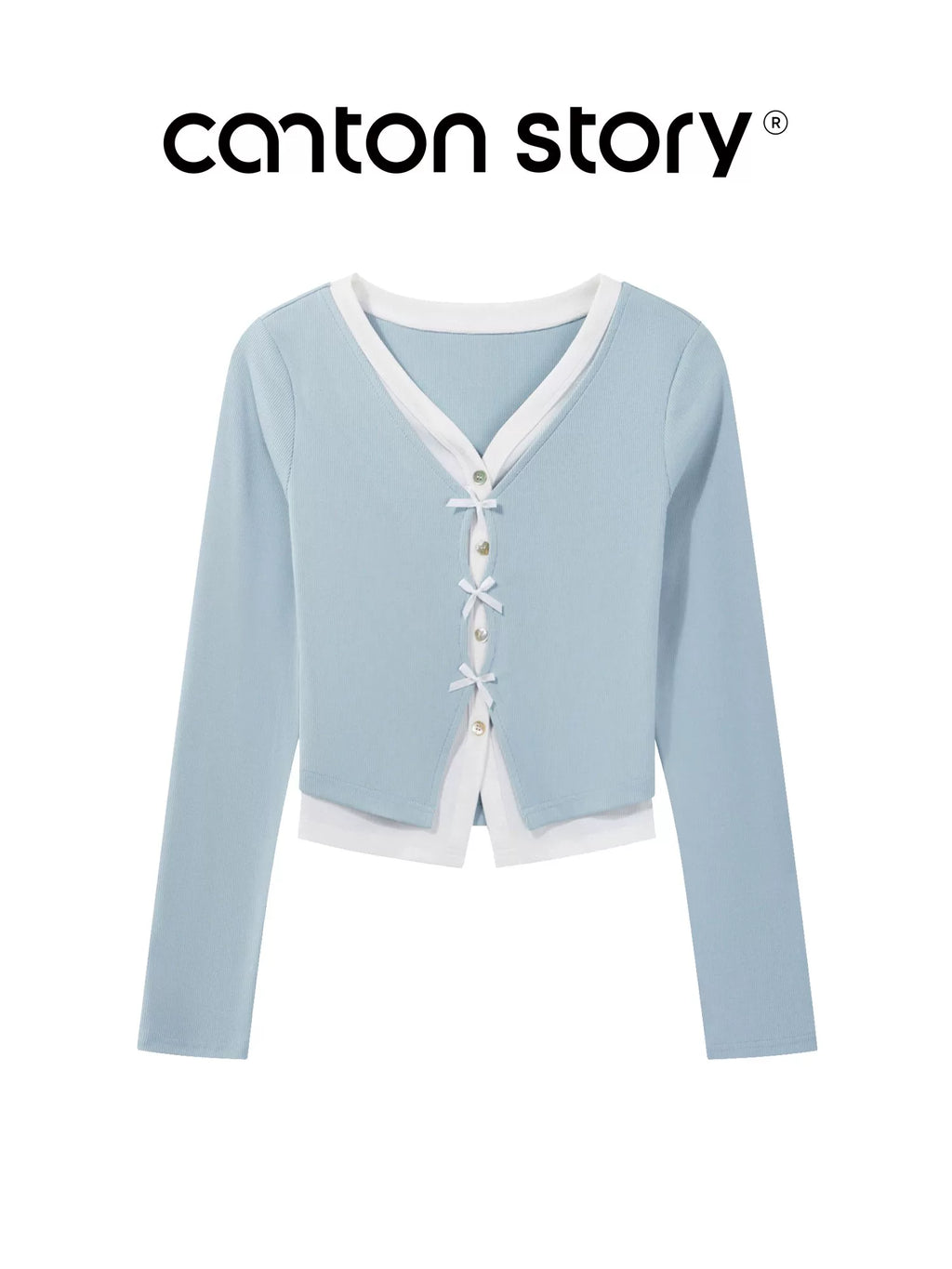 cantonstory Fake Two Piece V Neck Knit Long Sleeve Top