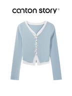 cantonstory Fake Two Piece V Neck Knit Long Sleeve Top