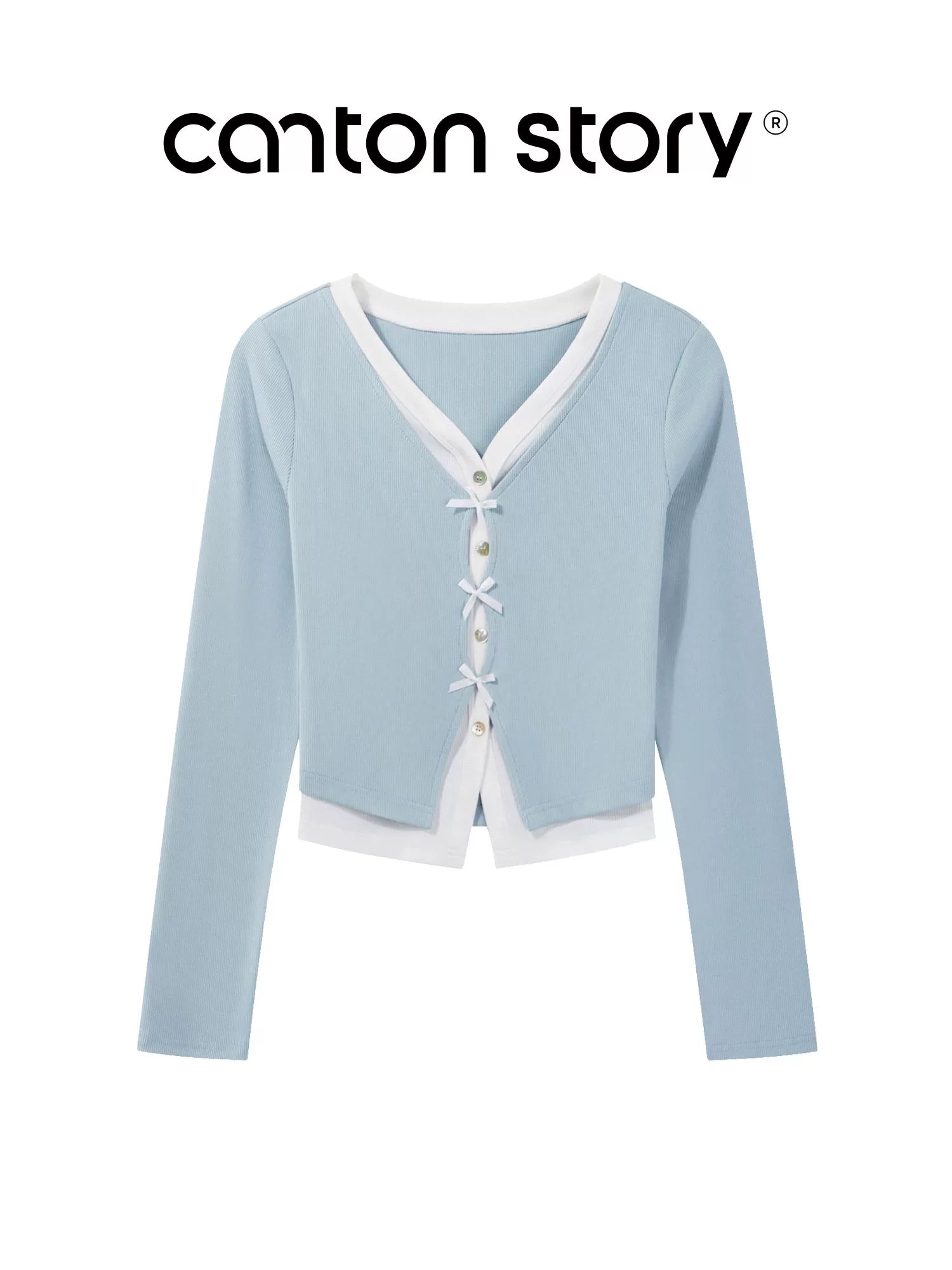 cantonstory Fake Two Piece V Neck Knit Long Sleeve Top