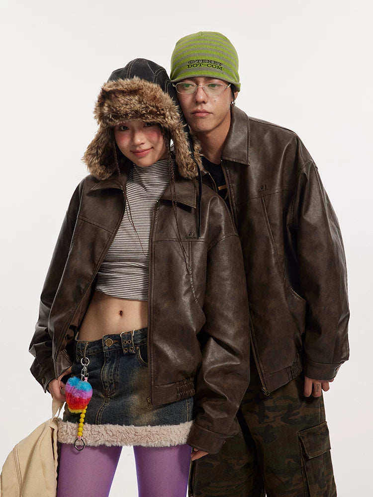 Mr. Jiangnan NewJNXS Retro Deconstructed Embroidered Leather Jacket