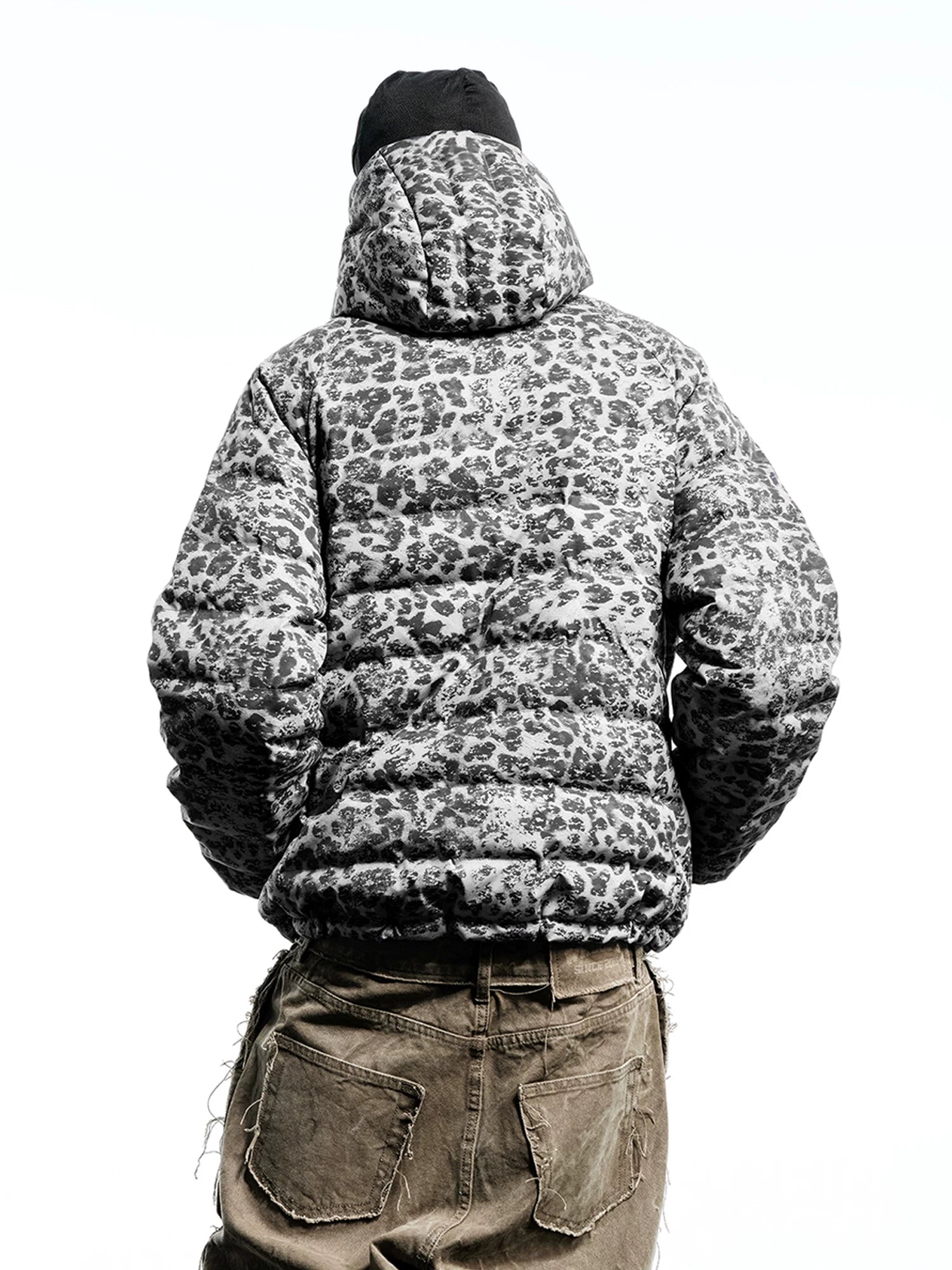 WHOOSIS Leopard Print Ribs Duck Down Hooded Jacket