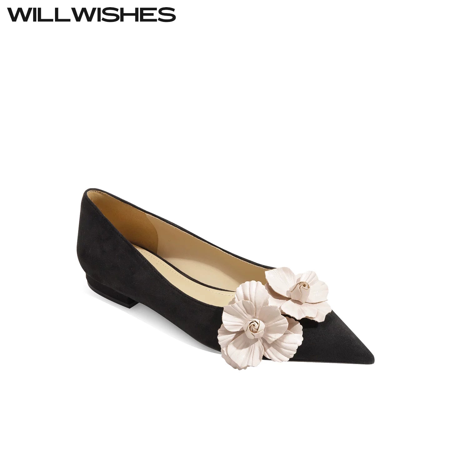 WILLWISHES Wang Ding French Pointed Toe Flower Flat Shoes