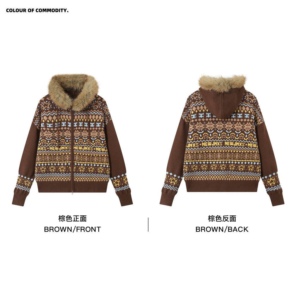 Mr. Jiangnan & andall Fair Isle Detachable Fur Collar Knit Cardigan