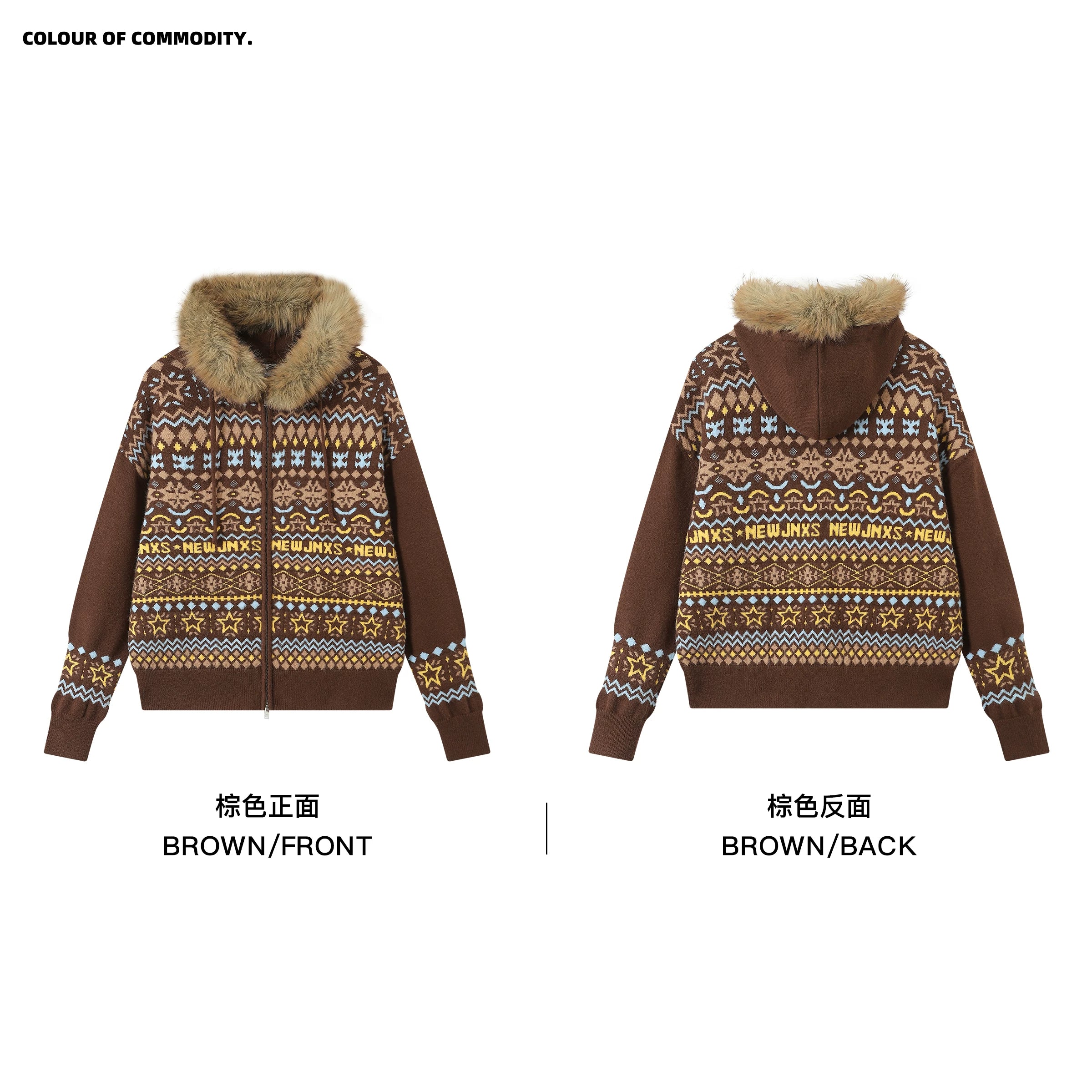 Mr. Jiangnan & andall Fair Isle Detachable Fur Collar Knit Cardigan