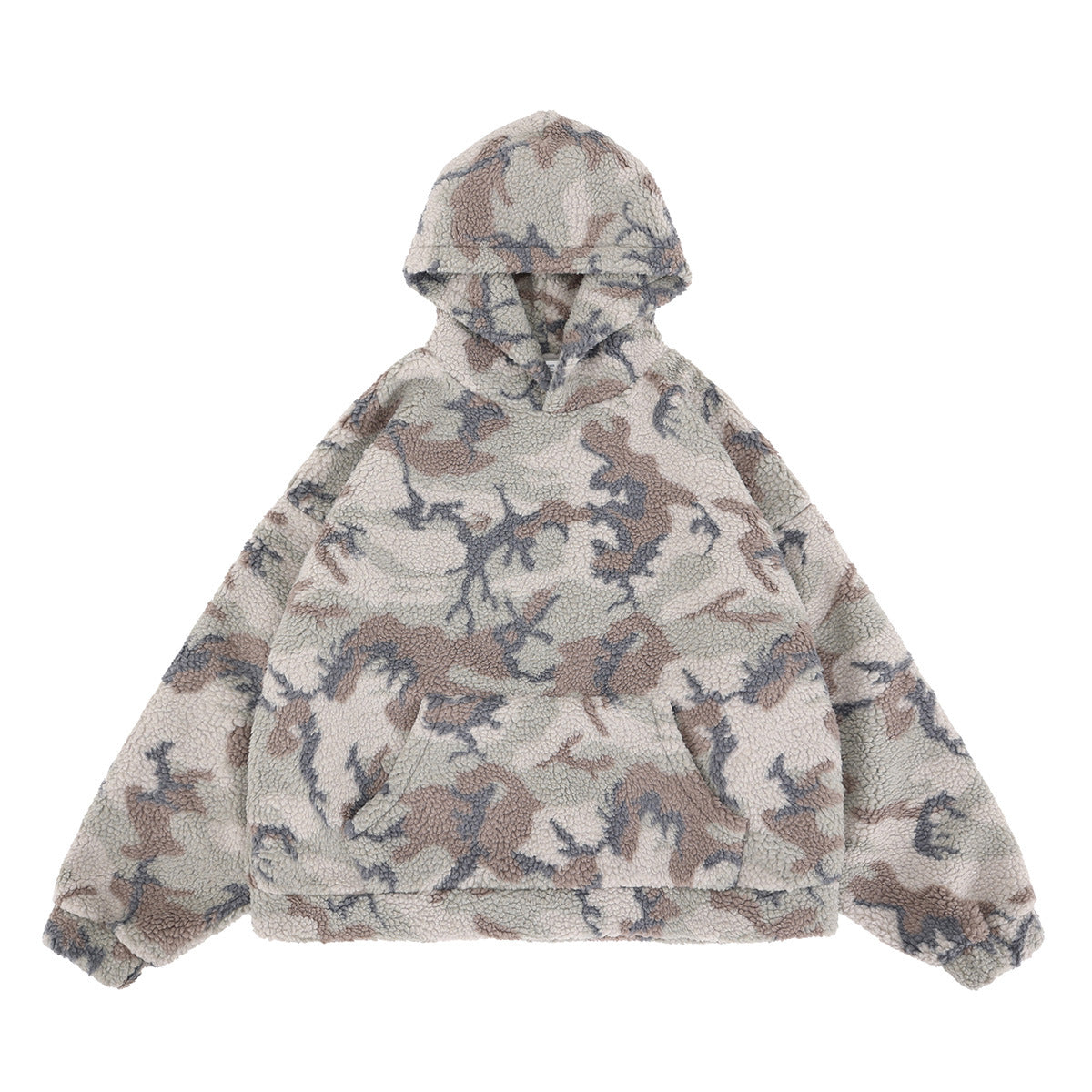 SUPER WAY Vintage Camo Lamb Fleece Hooded Sweater