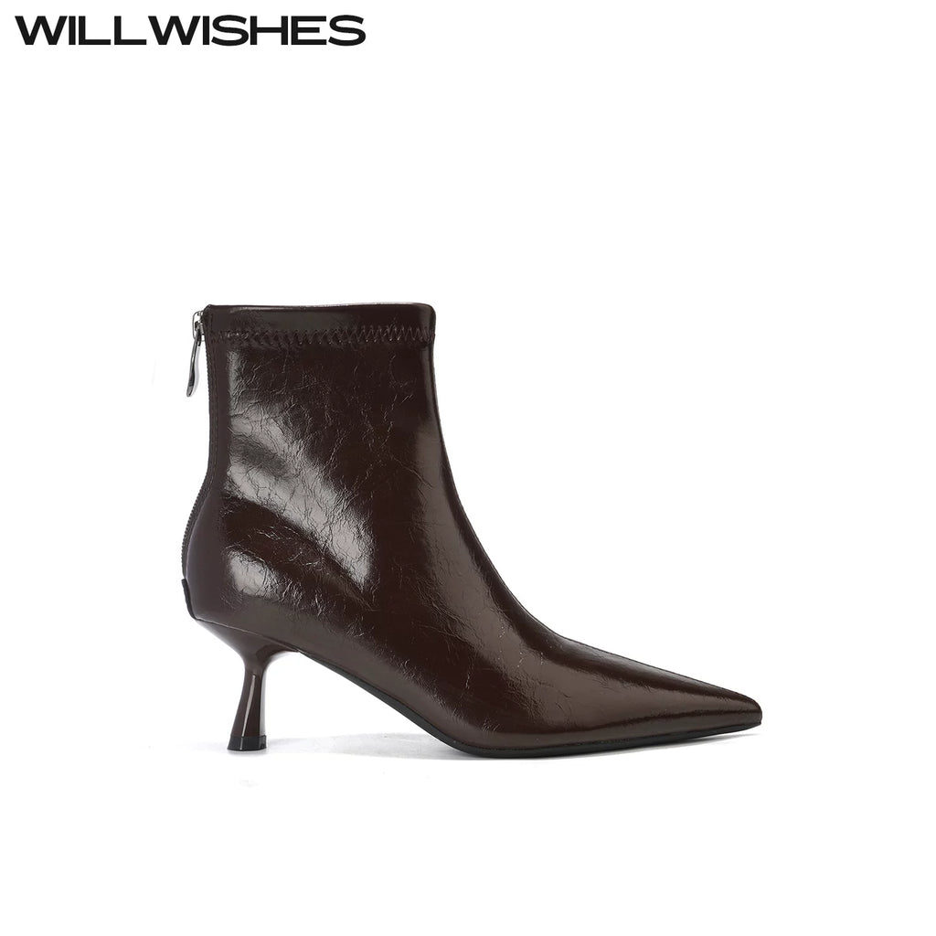 WILLWISHES Wang Ding Pointed Toe Stiletto Back Zipper Boots