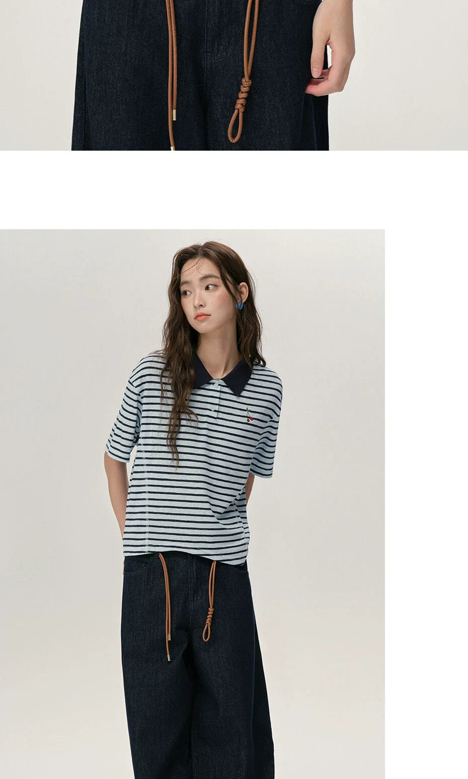 Giordano Contrasting Striped Cherry Embroidered Lapel Tee