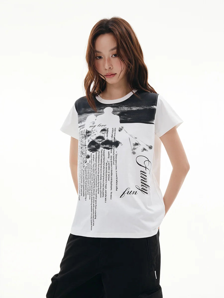 FUNKYFUN Full Print Portrait Slogan Front Shoulder Tee