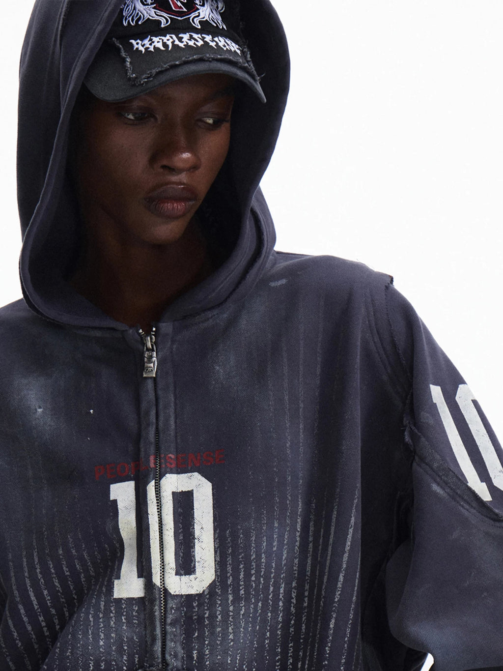 PEOPLESENSE Spray Digital Print Distressed Hooded Zipper Cardigan