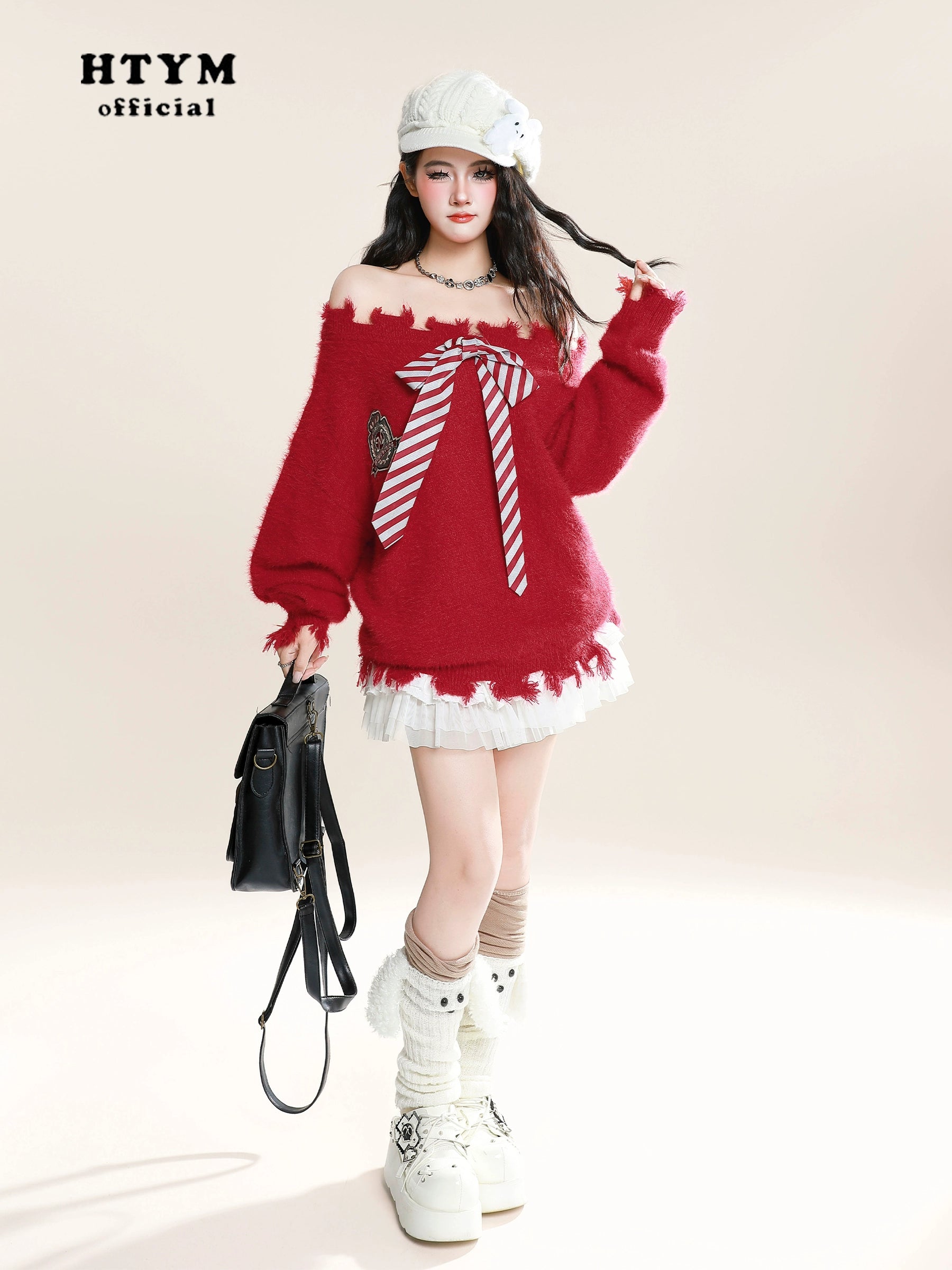 HTYM Striped One-Shoulder Mohair Sweater for Women