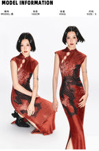 YEDM Dragon Print Stand-up Collar Sleeveless Dress