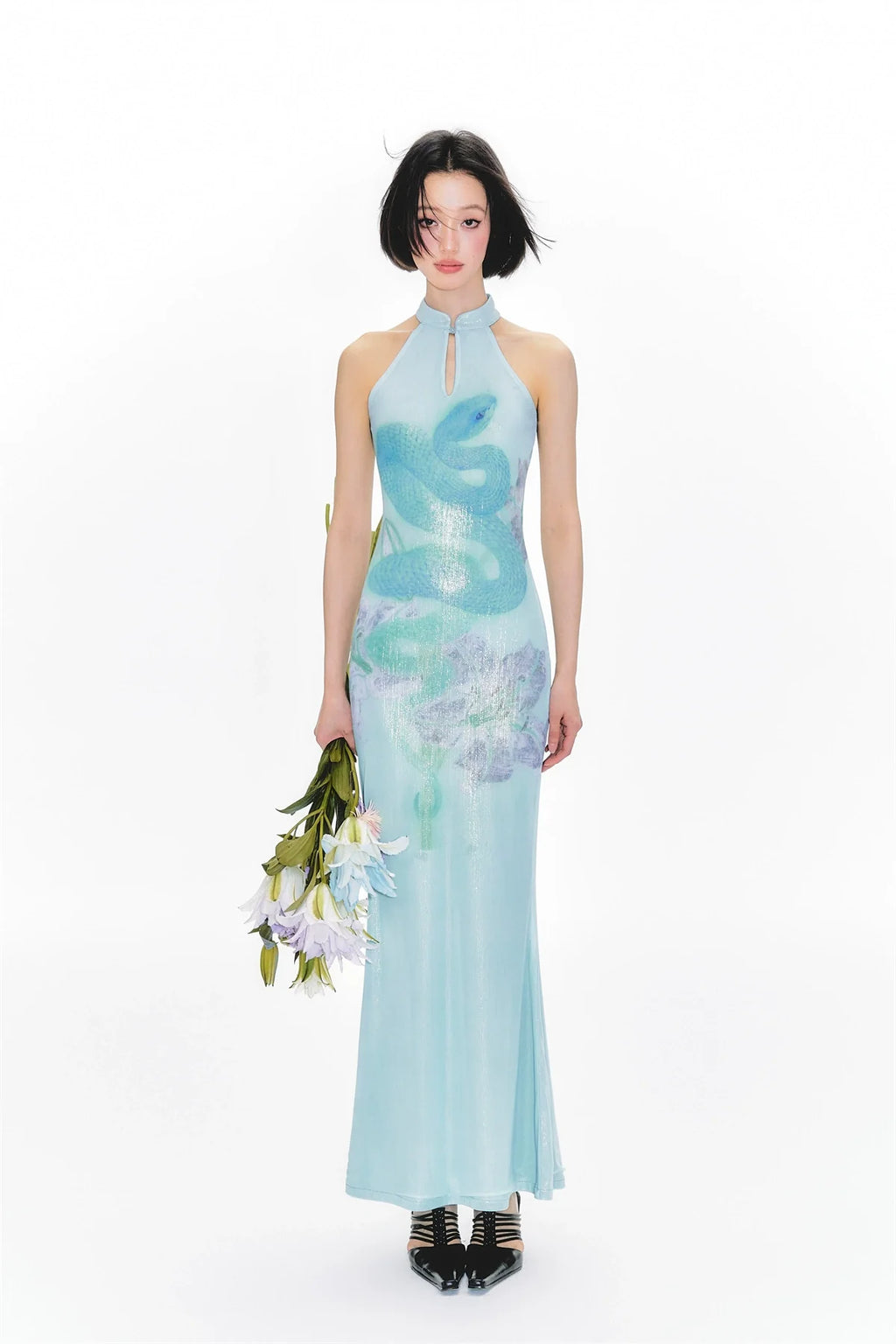 YEDM Blue Snake Print Neck Cheongsam Dress