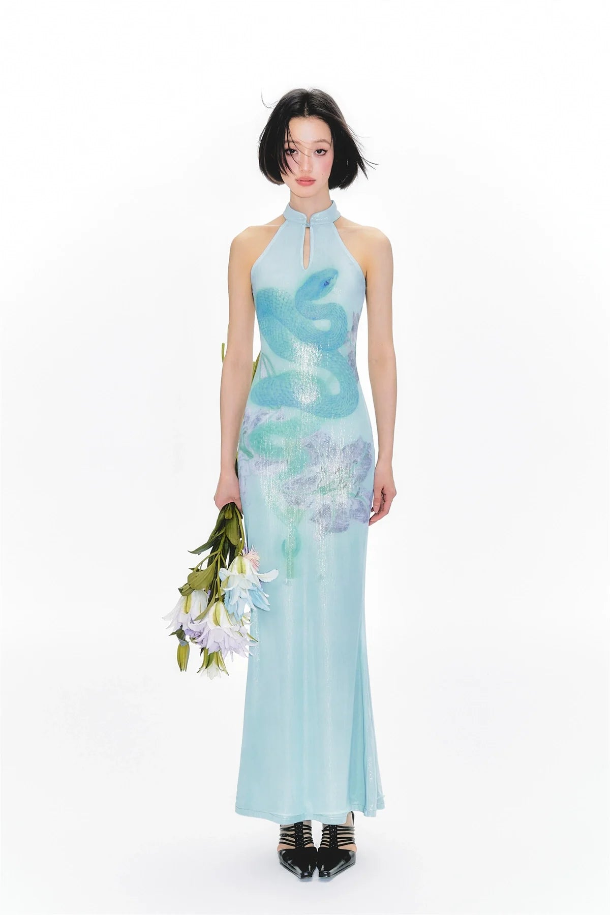 YEDM Blue Snake Print Neck Cheongsam Dress