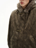 MaxDstr Spliced Aircraft Buckle Hooded Leather Jacket