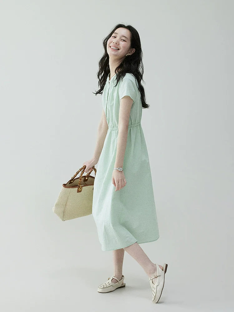 VOOE Pleated V-neck Waist Short-sleeved Dress