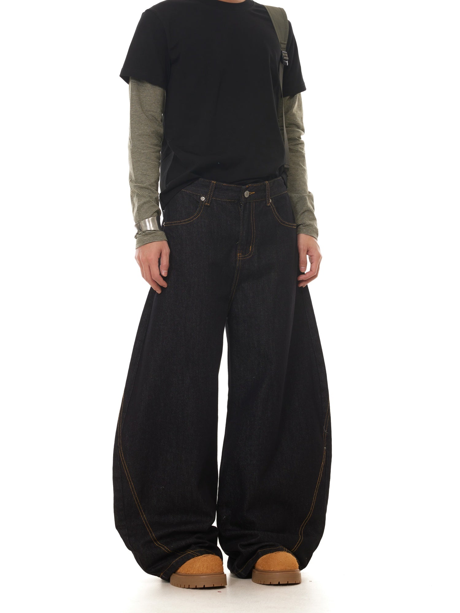 BTSG Guochao retro Japanese Raw denim black wide-leg scimitar jeans