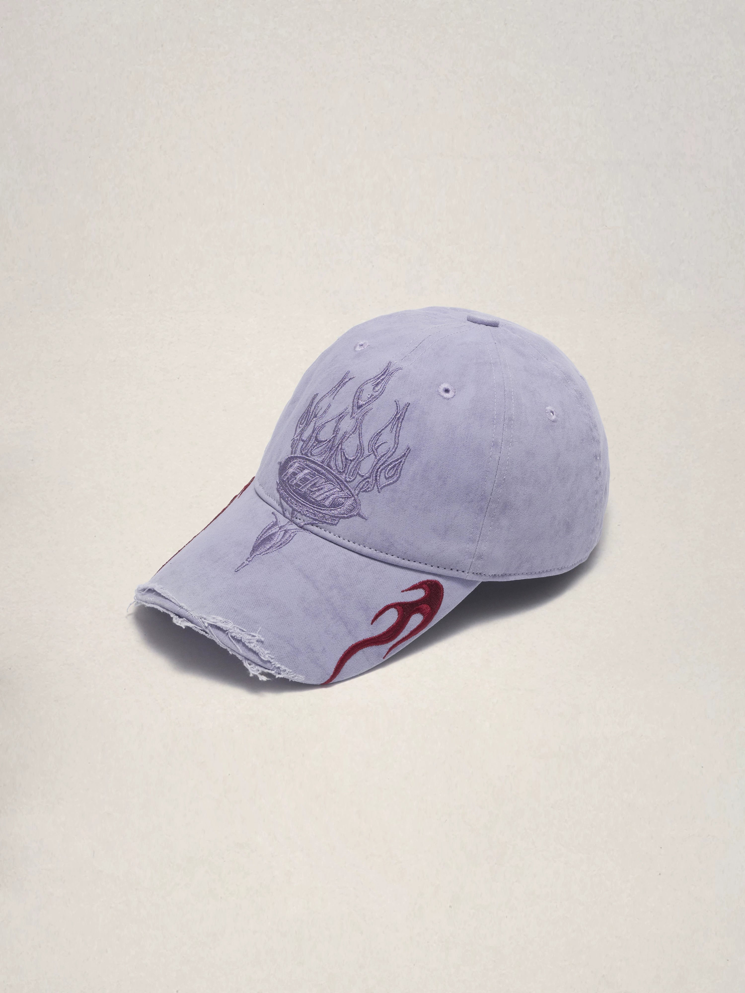 Fleamarket Retro Washed Destroyed Brim Flame Embroidered Baseball Cap