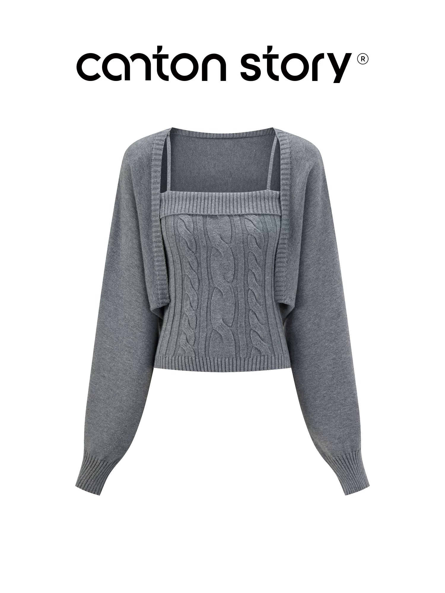 cantonstory Gray Short Knit Cardigan Set