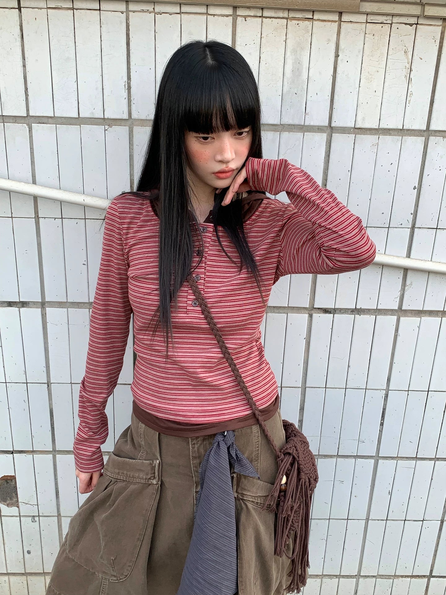 CCKOK Retro Stripe Splicing Fake Two Piece Hoodie