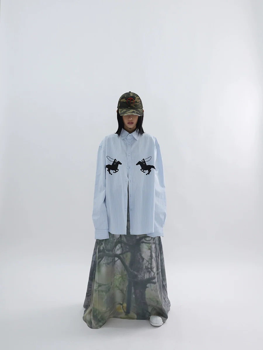 FUZZYKON Lapel Simple Equestrian Print Loose Shirt