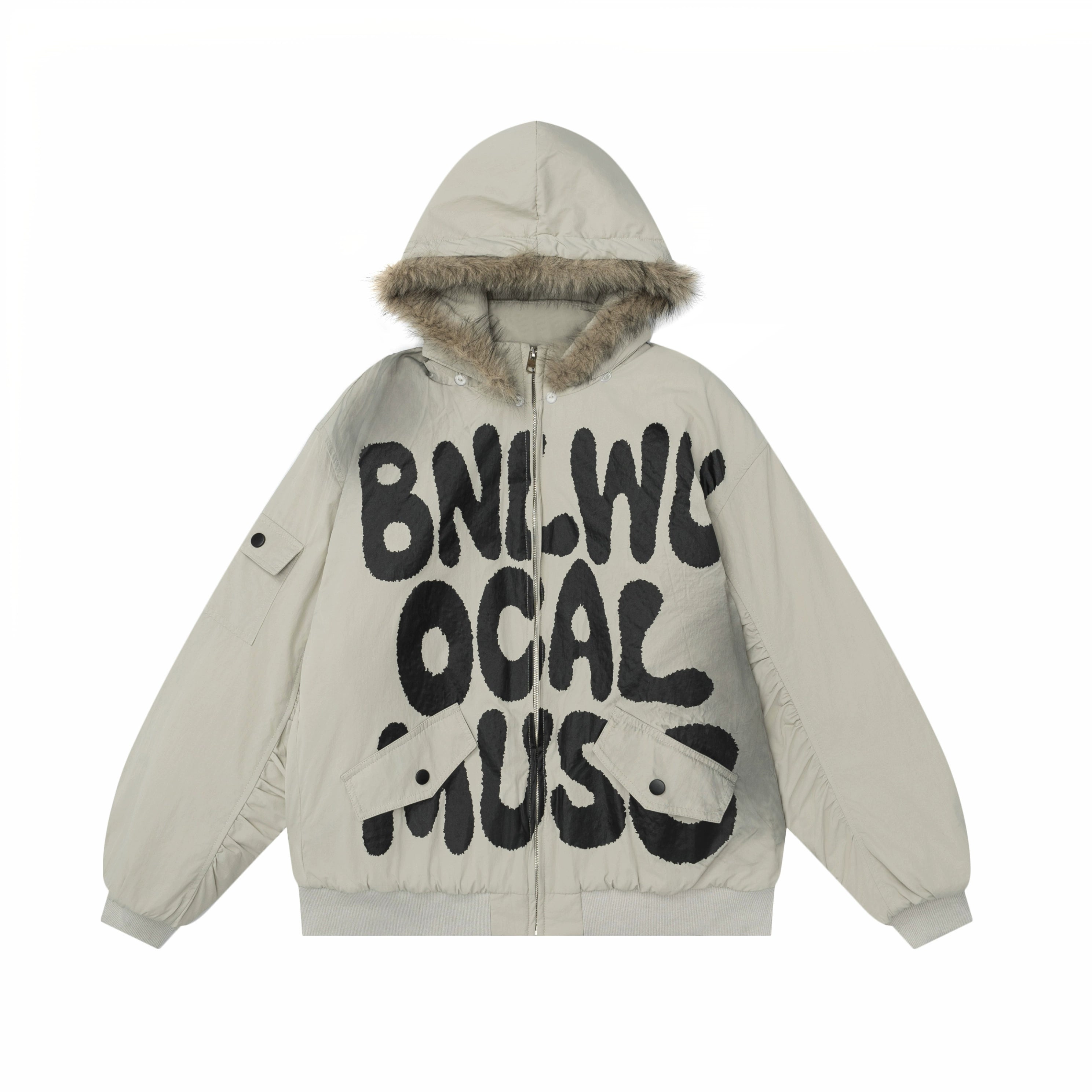 HTYM Retro Letter Print Fur Collar Cotton Coat for Women