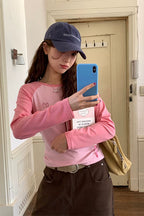 CCKOK Wheat Ear Embroidery Contrast Long Sleeve Top