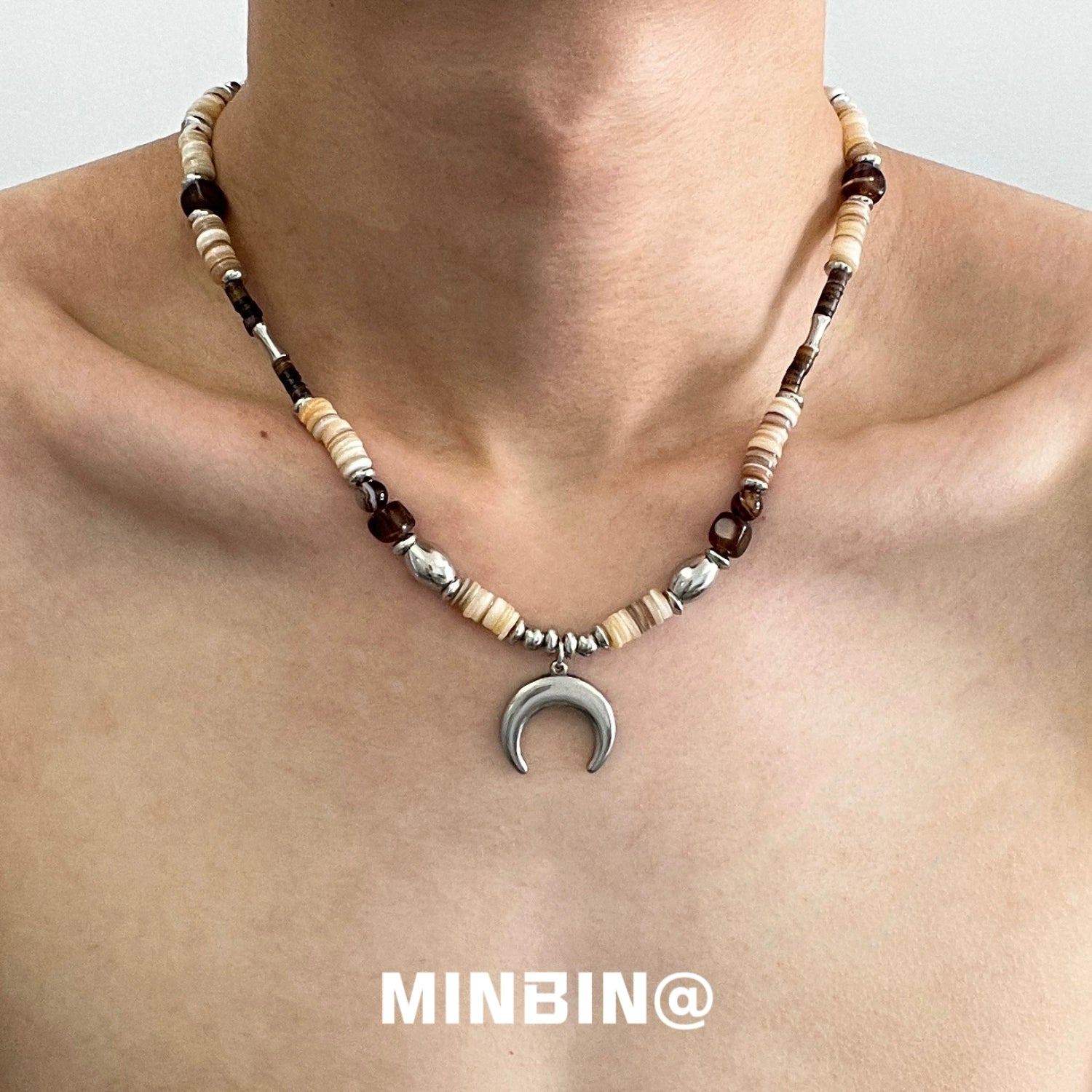 Natural Stone Beaded Crescent Moon Clavicle Necklace