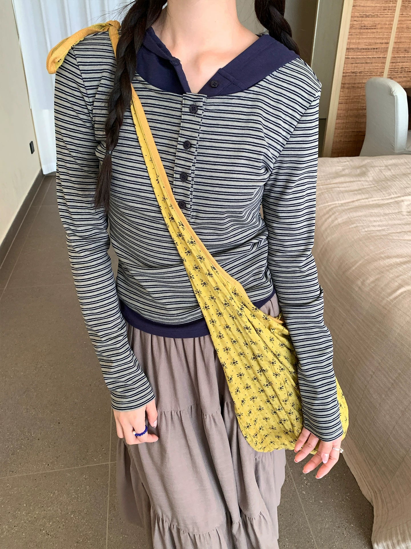 CCKOK Retro Stripe Splicing Fake Two Piece Hoodie