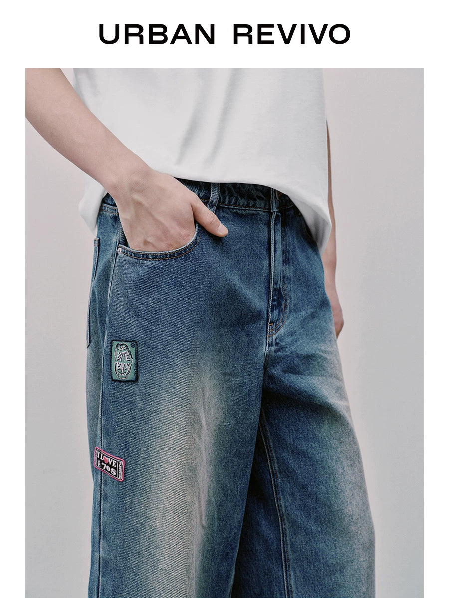 Urban Revivo Men's Contrast Embroidered Wide Leg Jeans