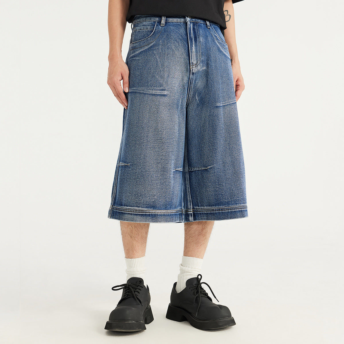 INF pleated seven-point Denim Shorts