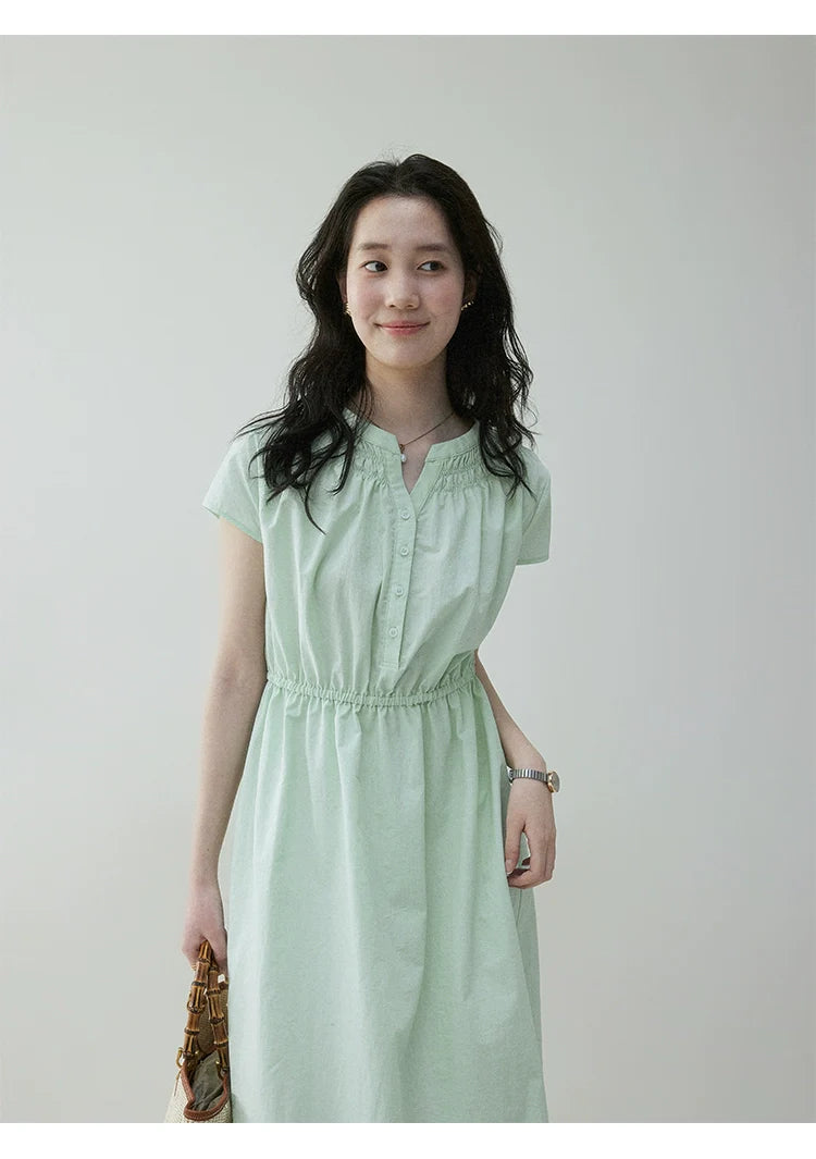 VOOE Pleated V-neck Waist Short-sleeved Dress