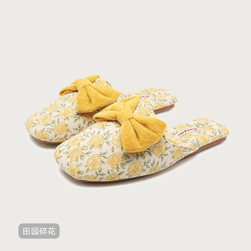 Suede Bow Warm Cotton Slippers