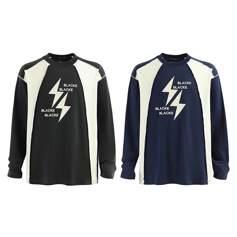 Street Style Lightning Letter Contrast Splice Long-Sleeve Tee