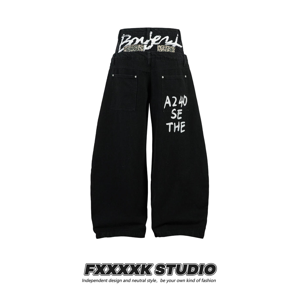 FXK Original Double Waist Leopard Stitching Graffiti Jeans