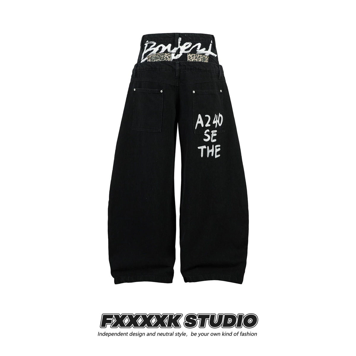 FXK Original Double Waist Leopard Stitching Graffiti Jeans