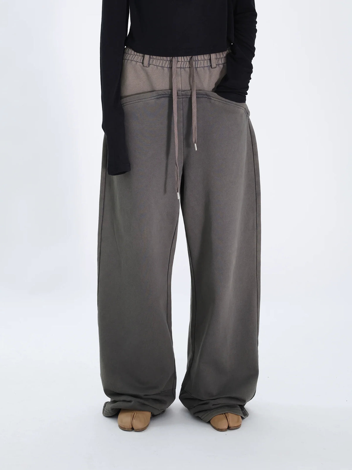 FUZZYKON Loose Old Splicing Double Waist Sweatpants