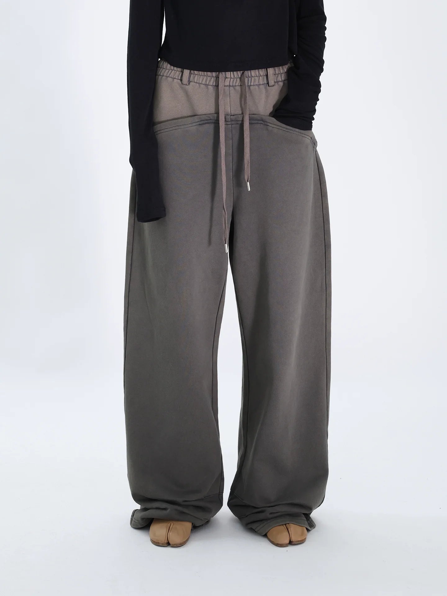 FUZZYKON Loose Old Splicing Double Waist Sweatpants