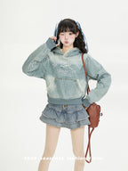 NERESUM Lace Patchwork Denim Hoodie Sweatshirt Trendy Preppy Street Cropped Hoodies