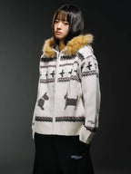 WHOOSIS Fair Isle Fur Collar Knitted Jacket